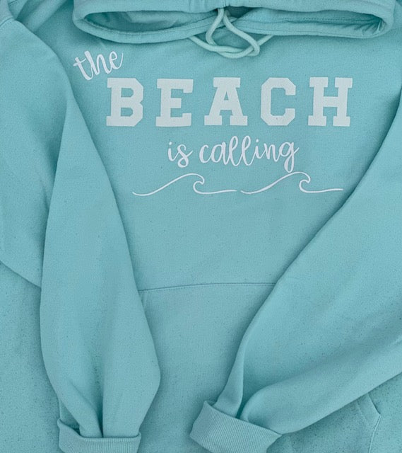 Closeup of Beach is calling hooded sweatshirt by Giron Design Company